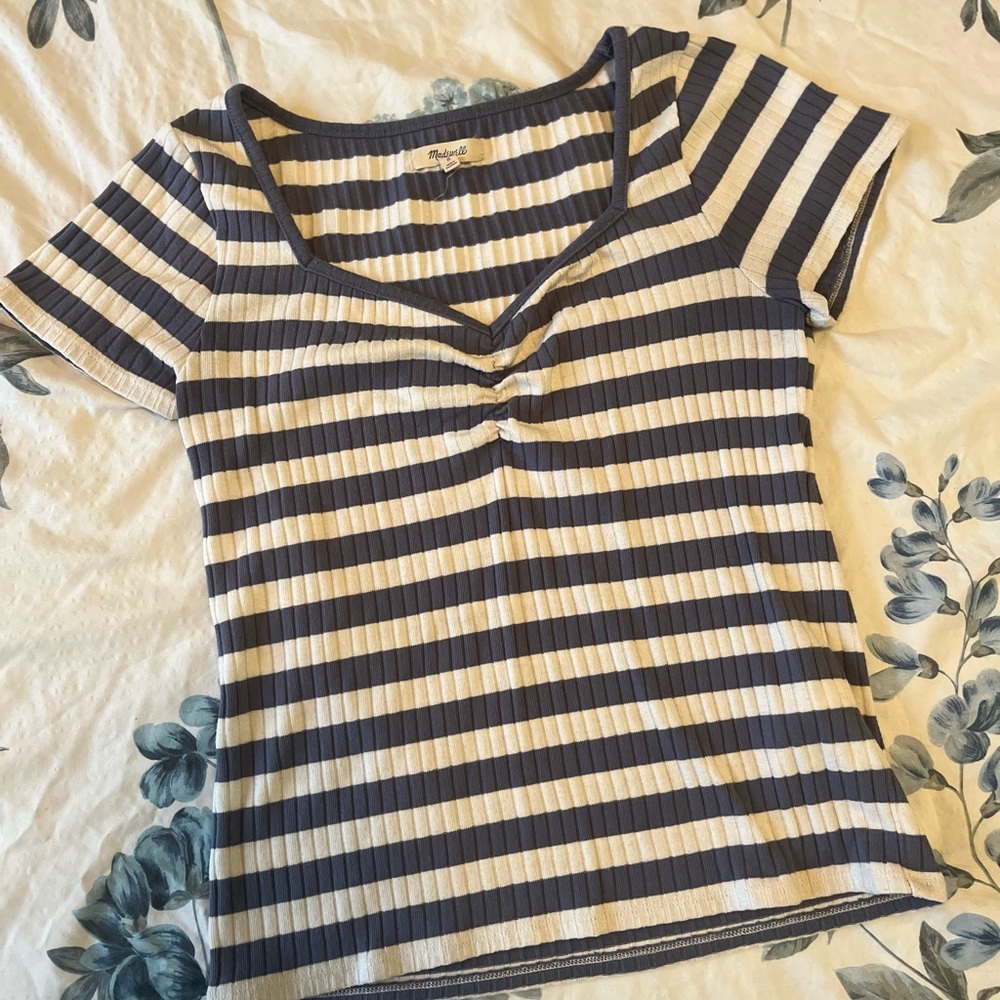 Madewell Navy and Cream Striped Short Sleeve Top